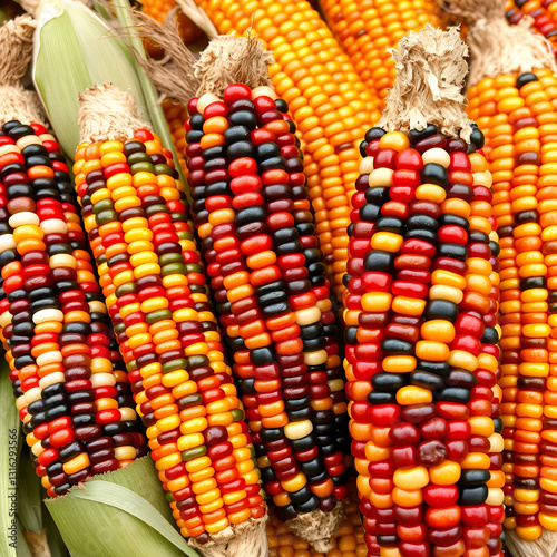 Colored corn cobs. Cereals and grain culture. Multicolored corn background. Variegated corn texture. corn cobs different colors. Organic farm bio vegetables. photo