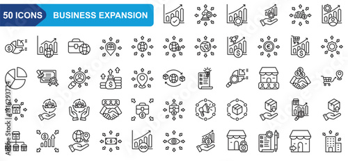 Business expansion collection icon set. Profit, Expansion, Growth, Development, Market share, Global,  pie chart. Simple line vector.