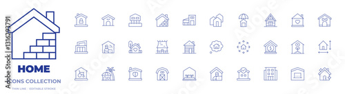 Home icons collection. Thin Line icons, editable stroke. size, dog house, house, home, stilt house, house insurance, home insurance, elderly home, rong