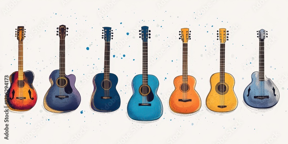 Fototapeta premium Seven Colorful Acoustic Guitars Arranged Horizontally Against A White Background