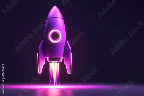 Glowing purple rocket mockup for startup branding, futuristic design with customizable space.