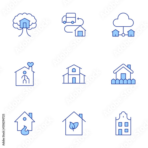 Home icons set. Line Duotone style, editable stroke. house, smart house, tree house, home insurance, green house, nursing home, fulfilment