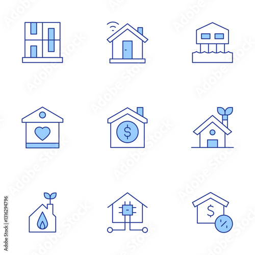 Home icons set. Line Duotone style, editable stroke. house, stilt house, home, smart home, eco house, mortgage, family