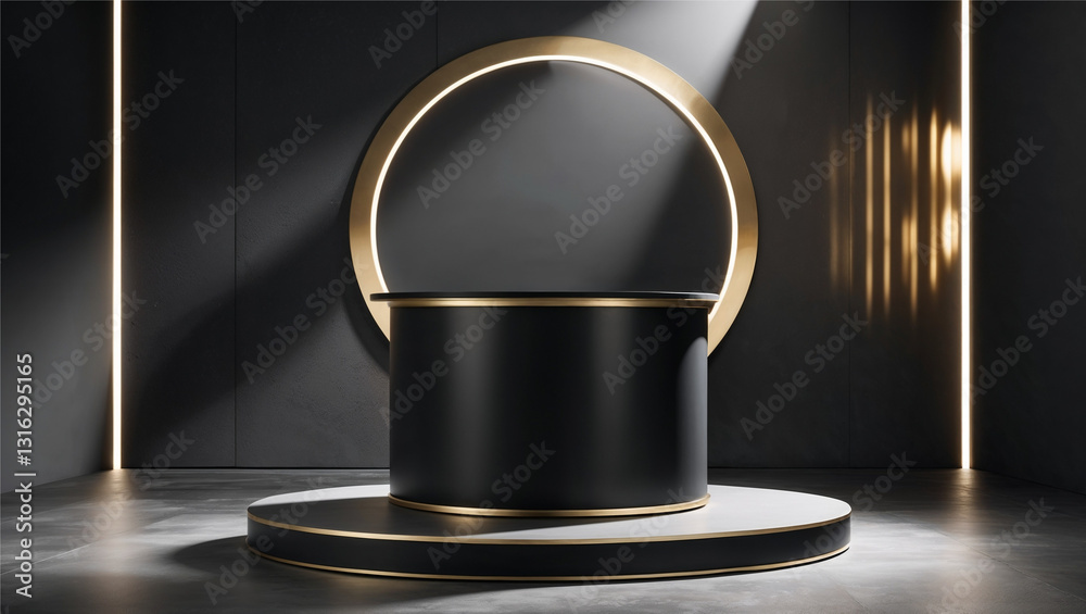 A luxurious black and gold podium in a dramatic spotlight, exuding elegance and sophistication. Perfect for product showcases, high-end branding, fashion presentations, and premium advertising visuals A luxurious black and gold podium in a dramatic spotlight, exuding elegance and sophistication. Perfect for product showcases, high-end branding, fashion presentations, and premium advertising visuals