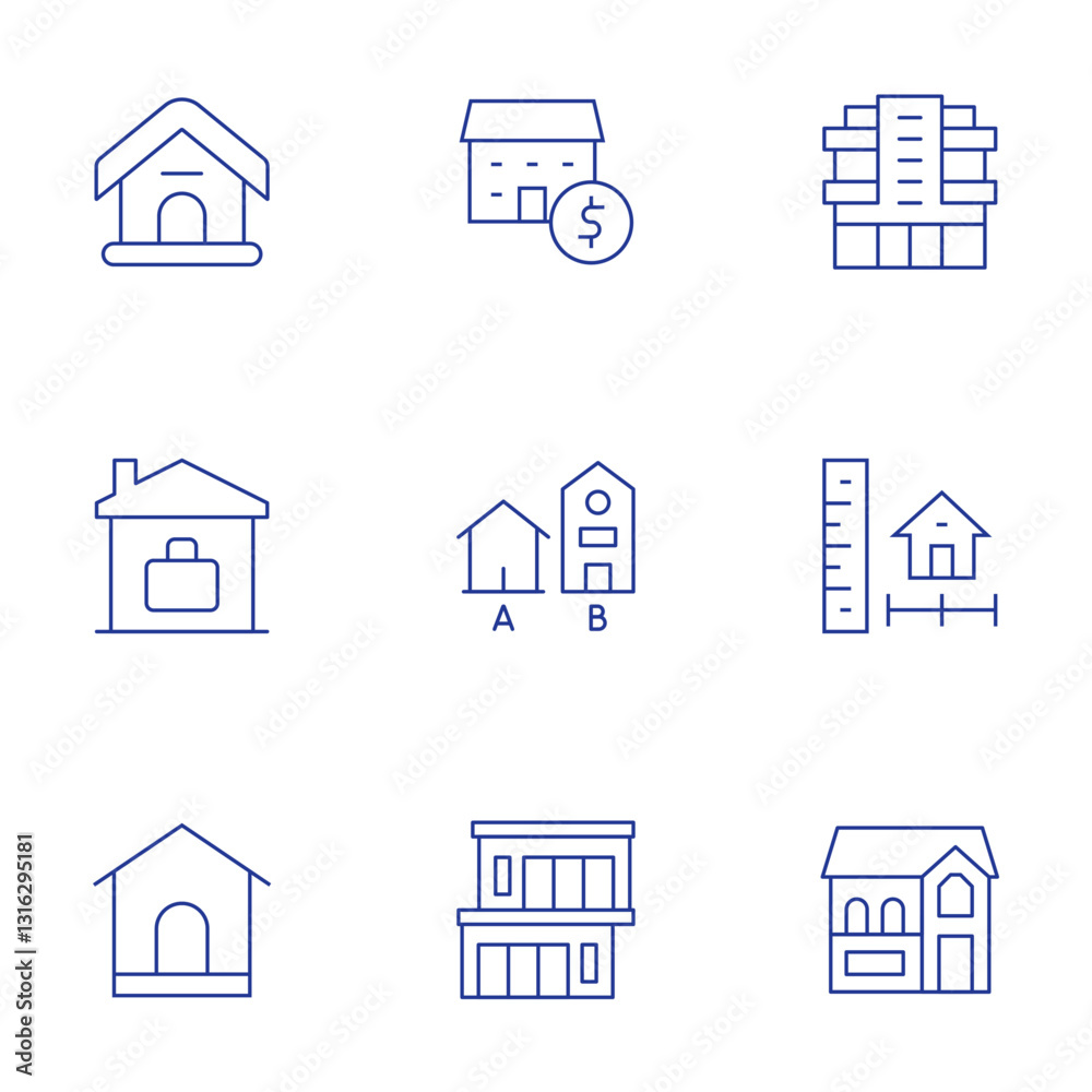 Home icons set. Thin Line style, editable stroke. dog house, work from home, modern house, house design, house, valuation Home icons set. Thin Line style, editable stroke. dog house, work from home, modern house, house design, house, valuation