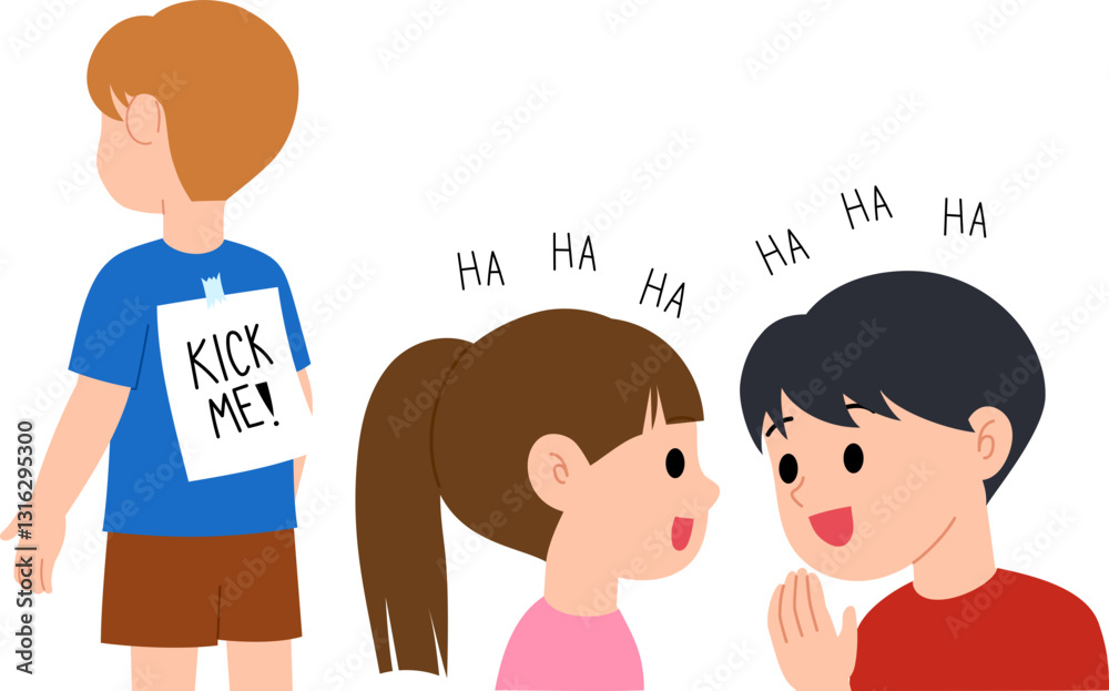 Children are laughing ah kick me sign prank on friend's back illustration Children are laughing ah kick me sign prank on friend's back illustration