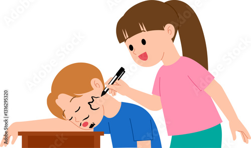Girl Drawing on Sleeping Boy's Face illustration