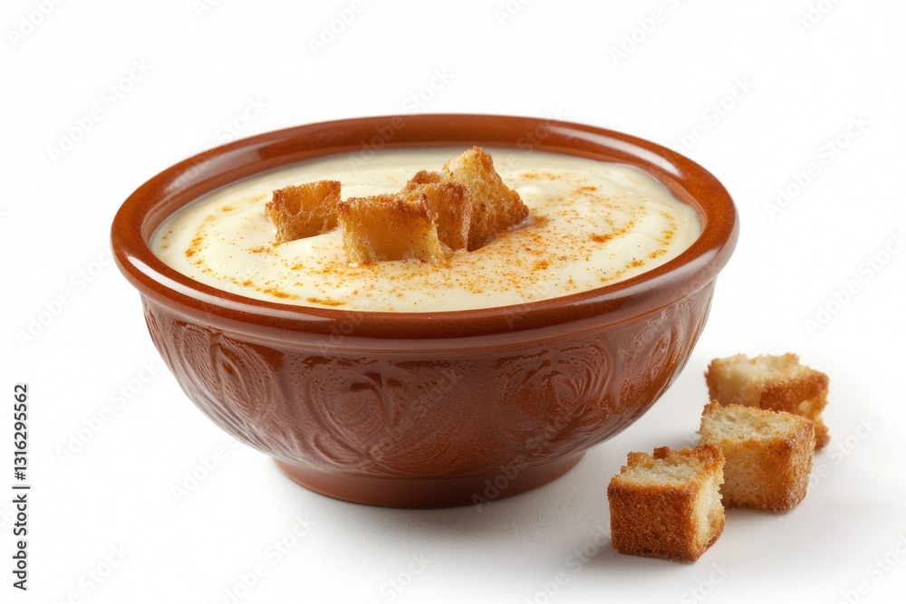 Creamy bisque in earthenware bowl on bright surface highlighted with sprinkled seasonings and tasty croutons garnish Creamy bisque in earthenware bowl on bright surface highlighted with sprinkled seasonings and tasty croutons garnish