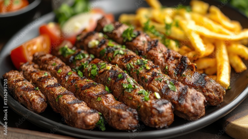 A symphony of savory aromas, a platter of perfectly grilled kebab lamelle, boasting a realistic texture that invites you to savor each bite. Alongside, crispy, golden frites add a delightful crunch, A symphony of savory aromas, a platter of perfectly grilled kebab lamelle, boasting a realistic texture that invites you to savor each bite. Alongside, crispy, golden frites add a delightful crunch,