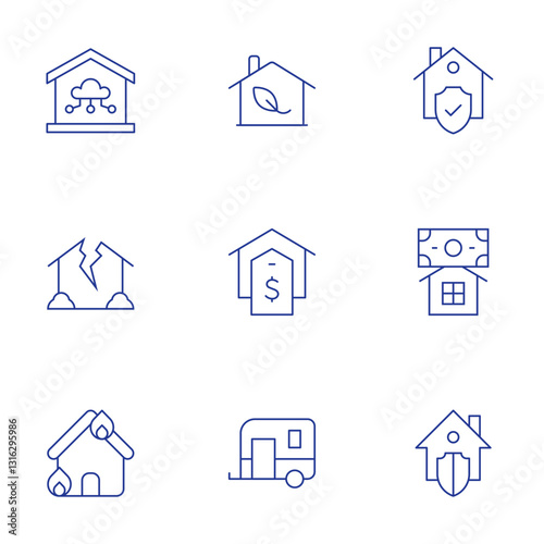 Home icons set. Thin Line style, editable stroke. house on fire, home insurance, green house, broken family, smart house, caravan, home, house