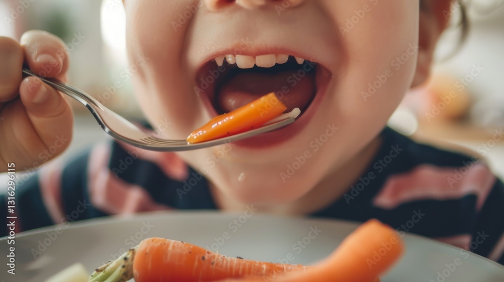 Toddler eating carrots from plate. Toddler eating carrots from plate.