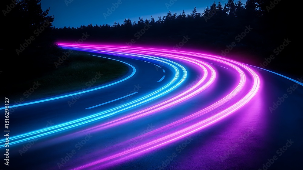 Neon trails illuminate winding road through the dark landscape