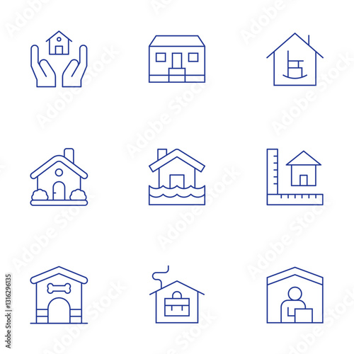 Home icons set. Thin Line style, editable stroke. house, flooded house, working at home, retirement home, size, work from home, home, dog house