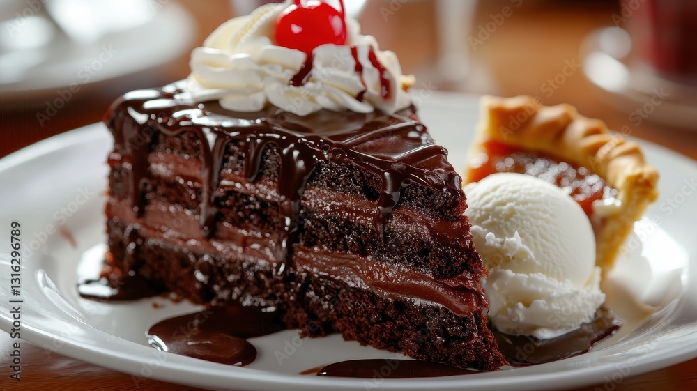 Indulgent close-up of a rich chocolate cake topped with creamy vanilla ice cream and drizzled chocolate sauce. Indulgent close-up of a rich chocolate cake topped with creamy vanilla ice cream and drizzled chocolate sauce.