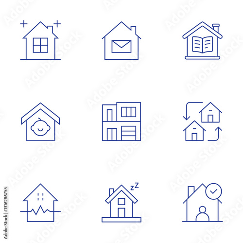 Home icons set. Thin Line style, editable stroke. working at home, modern house, home, clean house, child, earthquake, homeschooling, exchange