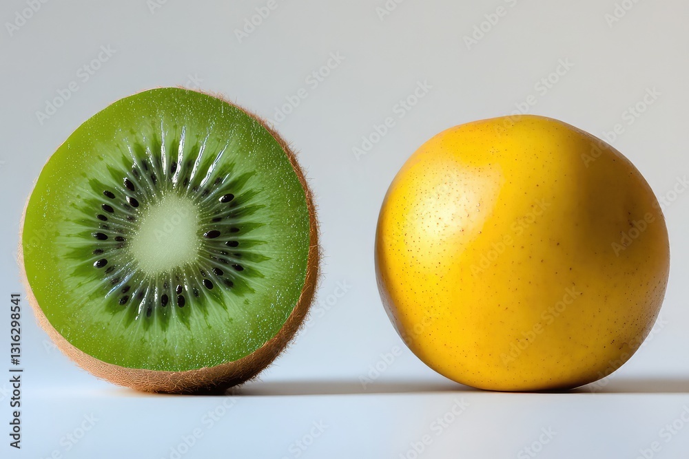 A kiwi paired with other tropical fruits, highlighting contrast.