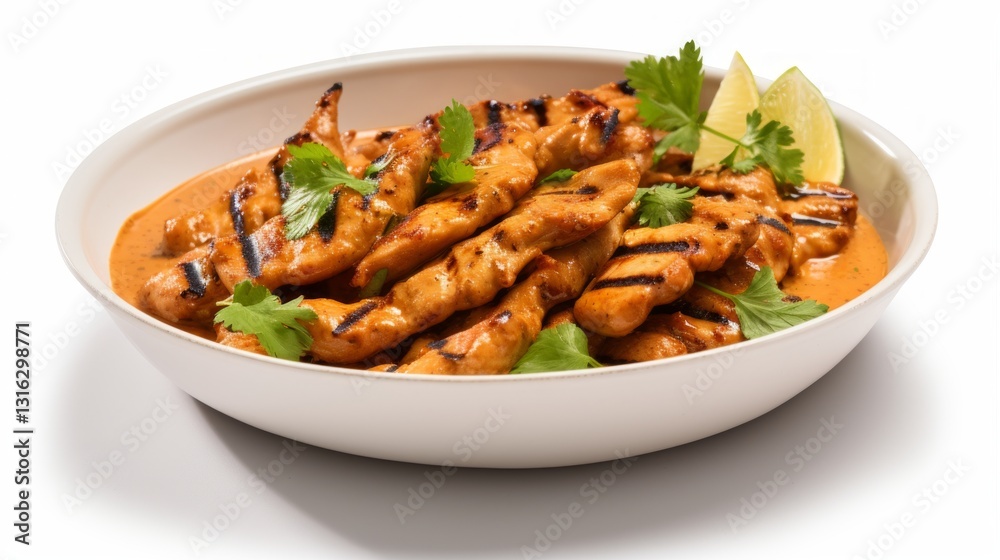 Delicious Thai chicken satay with peanut sauce on white background for foodie concepts and culinary arts Delicious Thai chicken satay with peanut sauce on white background for foodie concepts and culinary arts