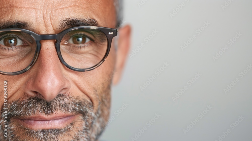 This image features a middle-aged Caucasian male with graying hair, wearing glasses, beard, and mustache, smiling towards the camera, seemingly happy and content.