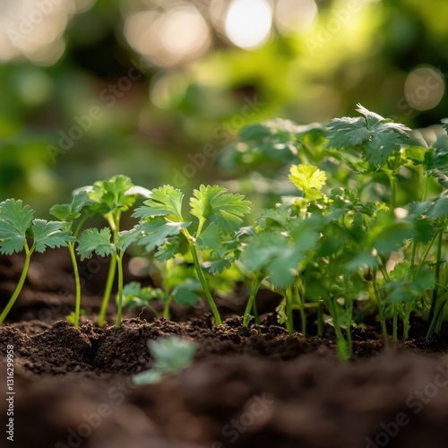 Wallpaper Mural Thriving cilantro plants in fresh soil under morning light close up shot for organic farming project Torontodigital.ca