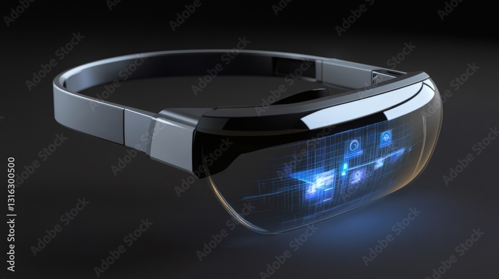 Sleek augmented reality headset displaying futuristic interfaces on dark surface Sleek augmented reality headset displaying futuristic interfaces on dark surface