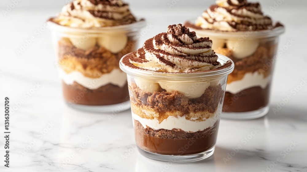 A symphony of flavors and textures awaits in individual glass jars, layered with espresso-soaked ladyfingers, velvety mascarpone cream, and a cocoa powder dusting, a testament to the art of Italian A symphony of flavors and textures awaits in individual glass jars, layered with espresso-soaked ladyfingers, velvety mascarpone cream, and a cocoa powder dusting, a testament to the art of Italian