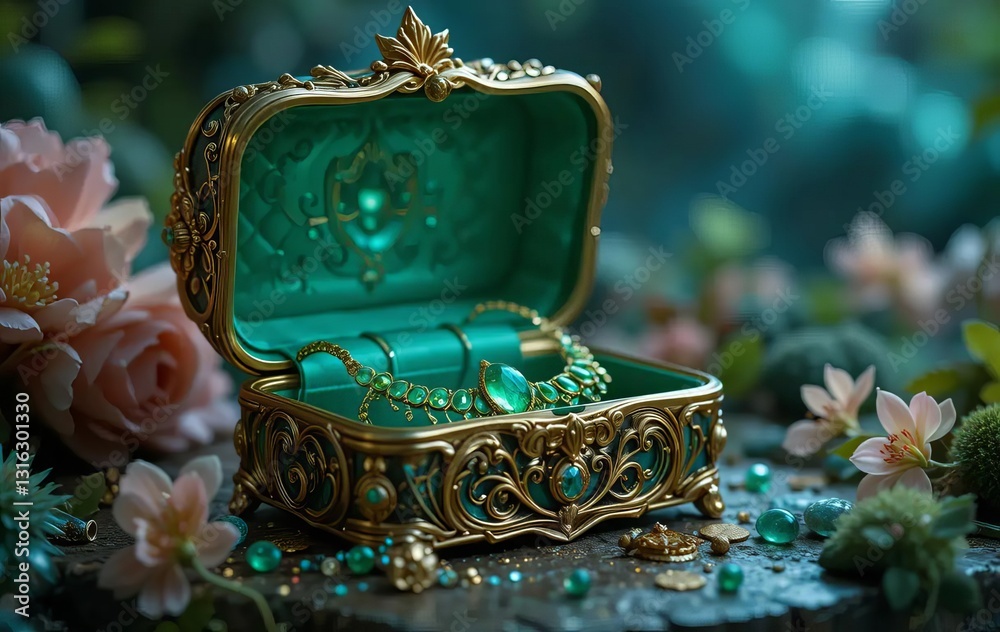 A close-up of a stunning green necklace placed in a golden jewelry box with a fantasy background of a fairy tale forest.