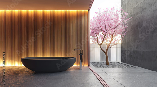 minimalist bathroom  with sakura tree interior design concept