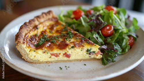 A golden halo of buttery flakiness encircles a round white plate, revealing a slice of quiche, its creamy egg filling glistening like jewels. Adjacent to it, a vibrant salad of mixed greens and plump