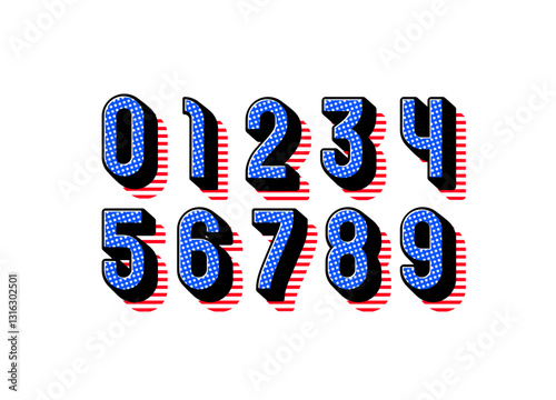 3D numbers set in the star style, modern numerals 0 to 9 with striped red silhouette, vector illustration 10EPS