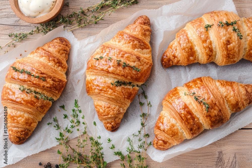 Golden buttery croissants with fresh herbs on parchment paper, rustic wooden table setting, warm moody lighting, artisanal bakery aesthetic Golden buttery croissants with fresh herbs on parchment paper, rustic wooden table setting, warm moody lighting, artisanal bakery aesthetic