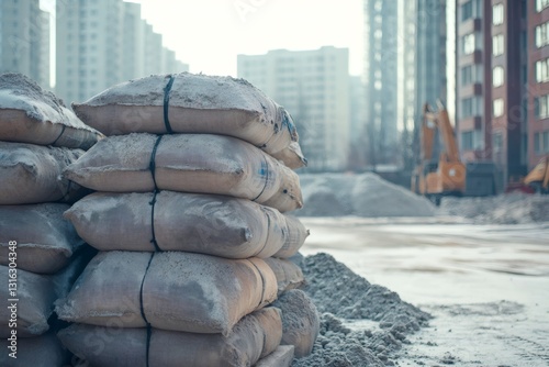 Construction material supply at building site with stacked cement bags and excavator working, representing urban development and industrial activity