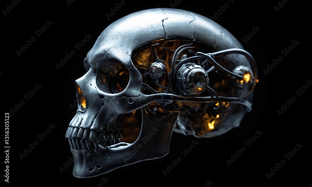 A highly detailed biomechanical skull infused with AI technology with exposed wires and glowing energy cores A highly detailed biomechanical skull infused with AI technology with exposed wires and glowing energy cores