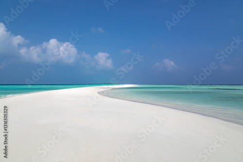 Fototapeta Naklejka Na Ścianę i Meble -  Tropical white sand beach with turquoise water, on an atoll in the Maldives, Indian Ocean