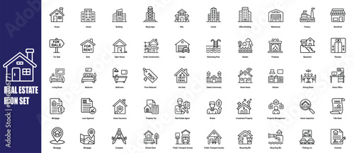 Real Estate Icon Set. Real Estate Vector Outline Icon Sets. Real Estate Icon Set – Property, House, Apartment, Mortgage, Rent, Sale, Realtor, Investment, Construction, Interior, Smart Home, Security