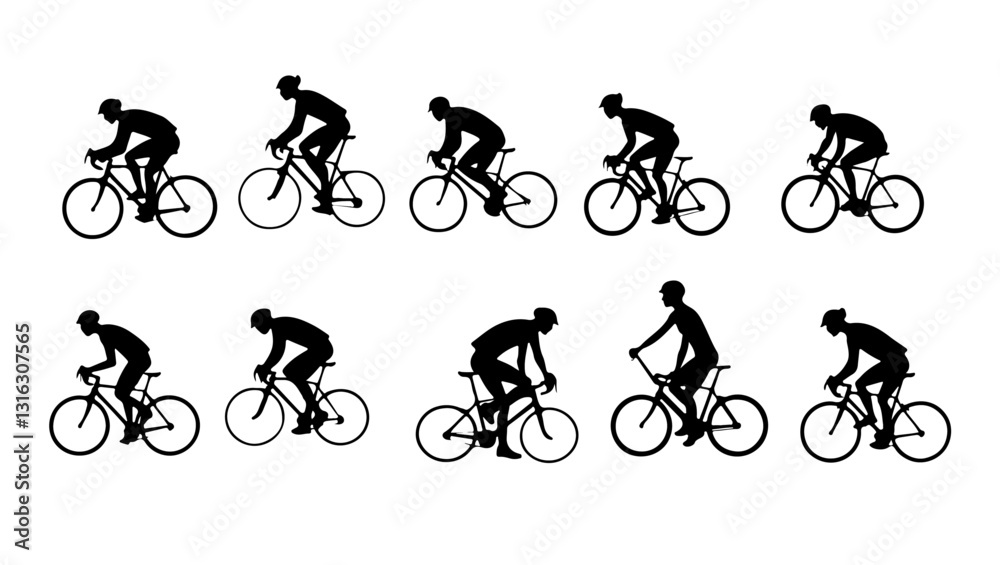 Fototapeta premium Silhouette of a man riding bicycle team, bike, bicycle, sport, silhouette, cycling, cyclist, vector, cycle, biker, people, mountain, biking, illustration, ride, wheel, race, woman, riding, black, exer