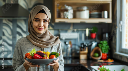 muslim woman carry a bowl of vegetable on the modern kitchen