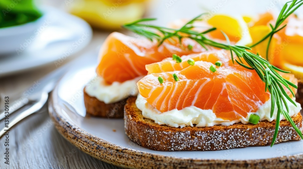 Delicious Smoked Salmon Toast with Cream Cheese and Lemon Garnish Elegant Culinary Still Life Presentation Delicious Smoked Salmon Toast with Cream Cheese and Lemon Garnish Elegant Culinary Still Life Presentation
