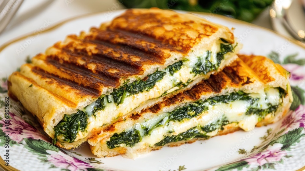 Homemade spinach and cheese panini with a perfectly crispy crust, served on a classic floral plate, cozy dining experience Homemade spinach and cheese panini with a perfectly crispy crust, served on a classic floral plate, cozy dining experience