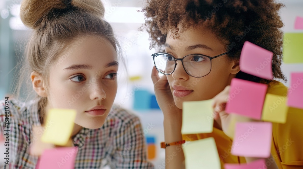 Two young businesswomen brainstorming using adhesive notes in an office Two young businesswomen brainstorming using adhesive notes in an office