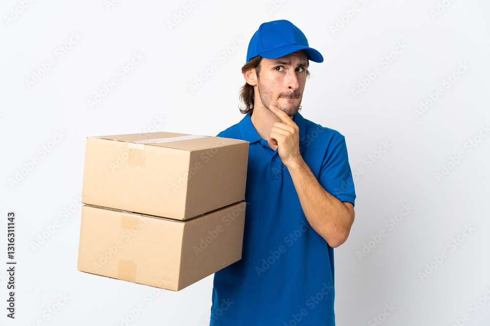 Delivery man isolated on white background having doubts and thinking Delivery man isolated on white background having doubts and thinking