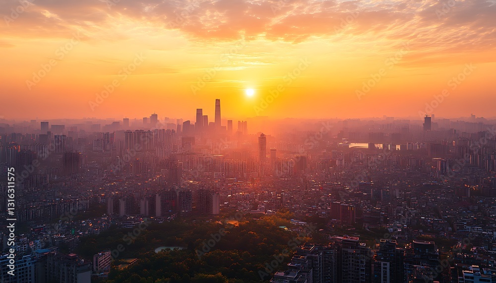 Fototapeta premium City skyline at sunset, hazy orange sky.