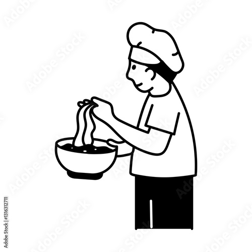 A character straining pasta, hand drawn illustration 

