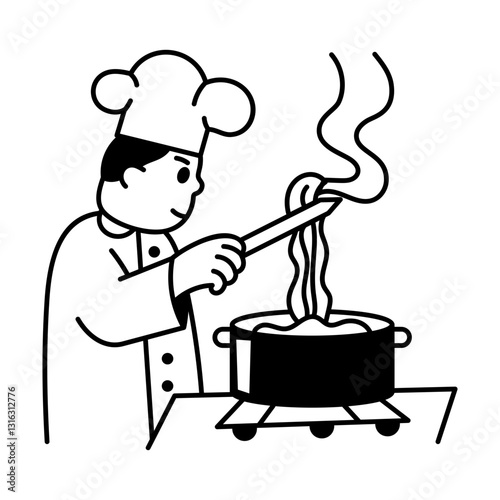 A chef boiling pasta in kitchen, doodle style illustration
