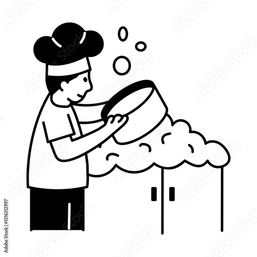 A hand drawn illustration of a character washing dishes 
