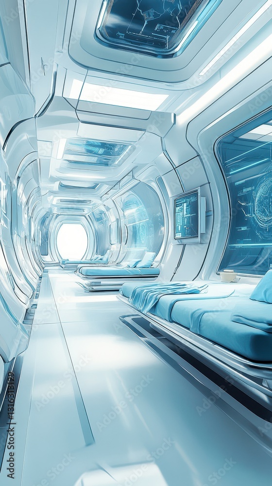 Obraz premium Futuristic interior with sterile beds and a bright clean hallway
