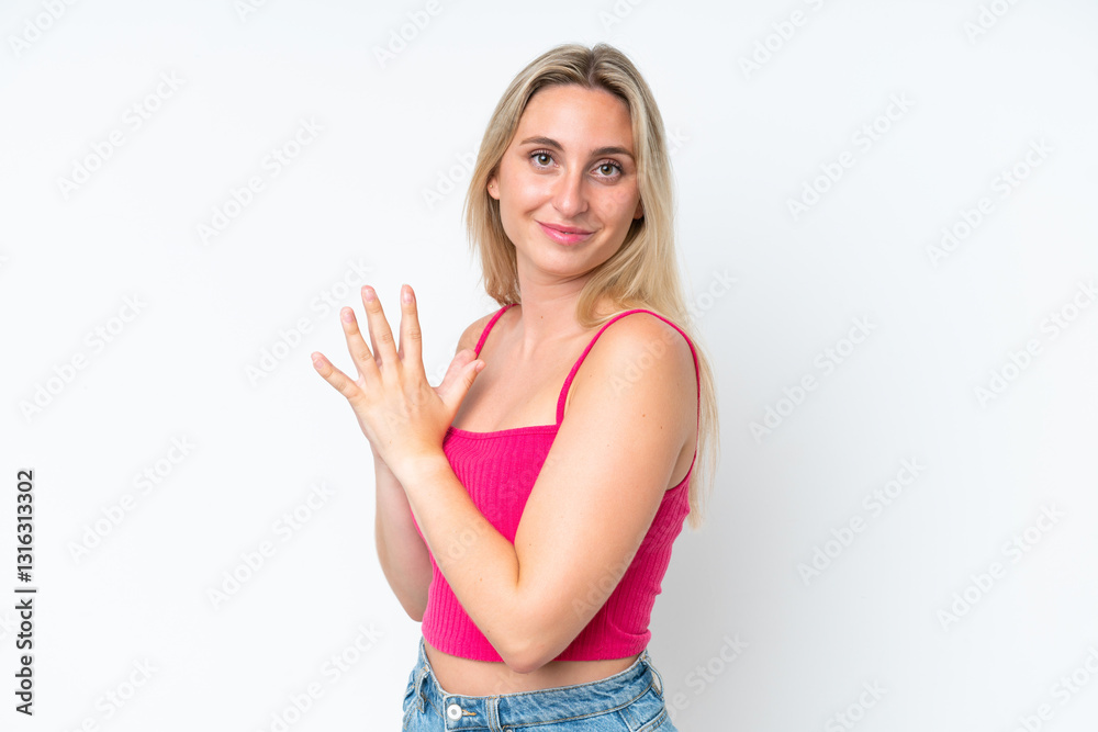 Young caucasian woman isolated on white background scheming something Young caucasian woman isolated on white background scheming something
