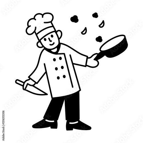 A chef tossing food illustration in hand drawn style 
