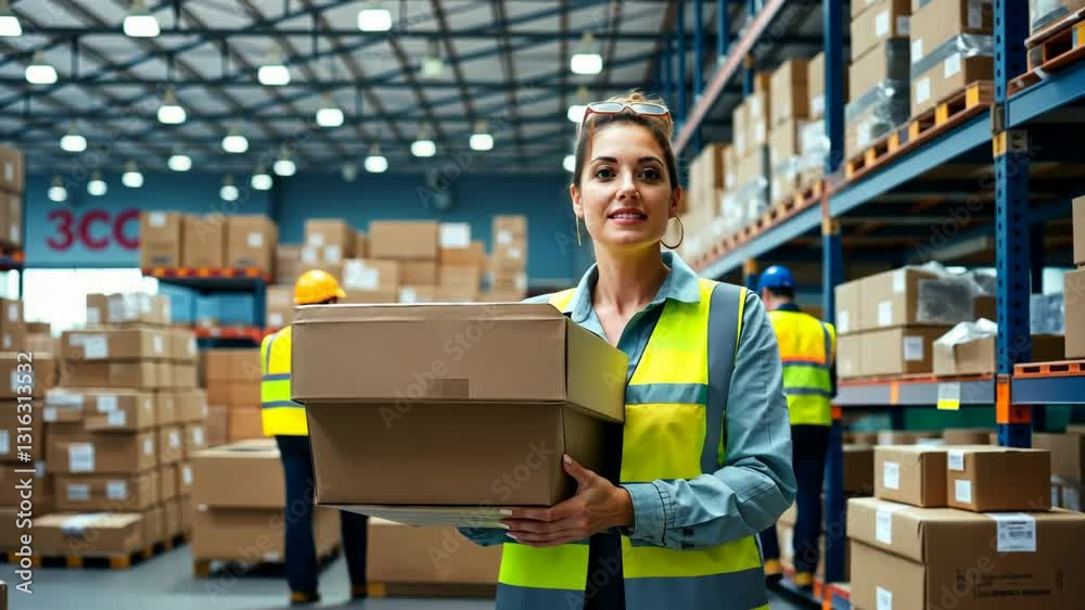 Woman in Safety Vest Carrying Cardboard Boxes in a Warehouse with Men Loading Shelves Background Filled with Stocked Goods with Fluorescent Lighting Woman in Safety Vest Carrying Cardboard Boxes in a Warehouse with Men Loading Shelves Background Filled with Stocked Goods with Fluorescent Lighting