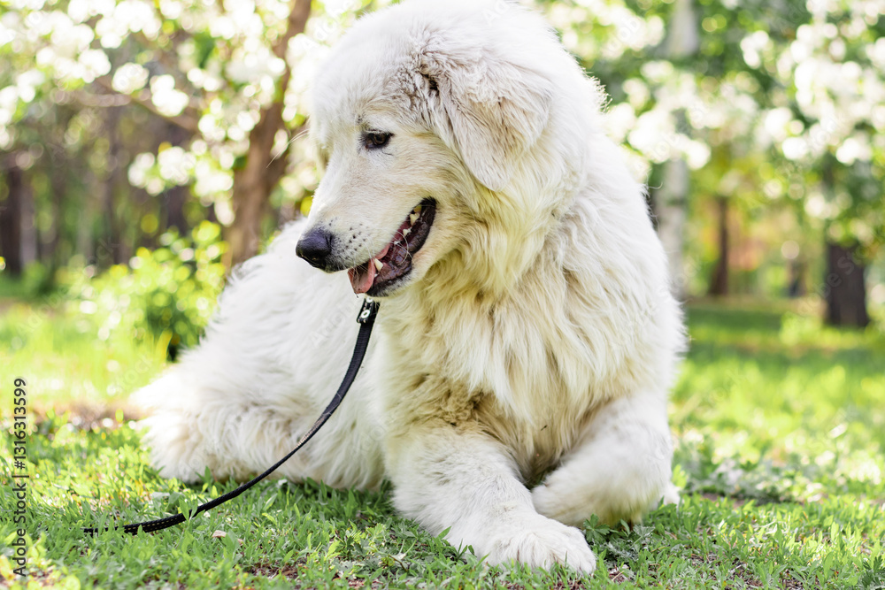 A large white Maremma Sheepdog lies on the lawn in a summer park against a backdrop of blooming flowers. A large white Maremma Sheepdog lies on the lawn in a summer park against a backdrop of blooming flowers.