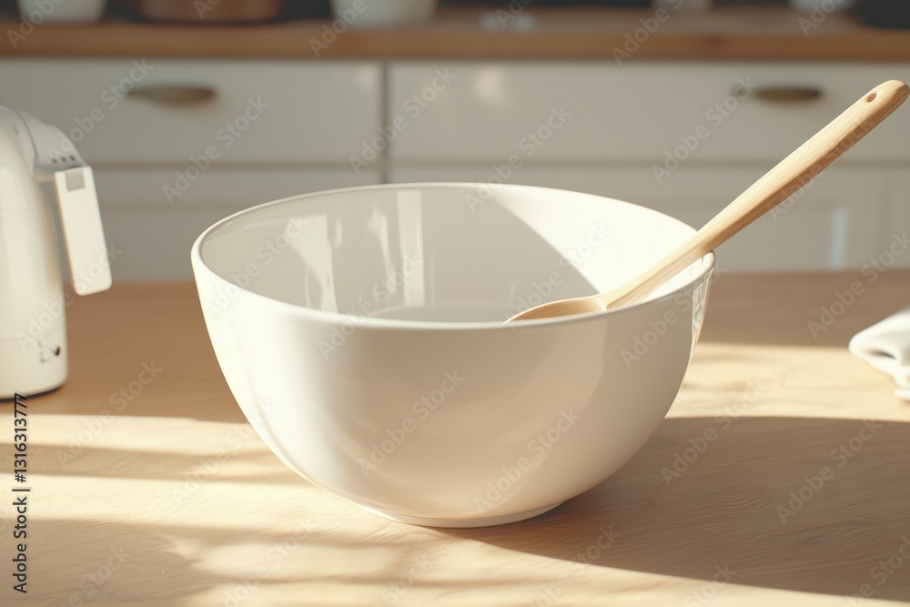 Mixing bowl with a spoon, in a kitchen with sunlight, white in a baking scene Mixing bowl with a spoon, in a kitchen with sunlight, white in a baking scene